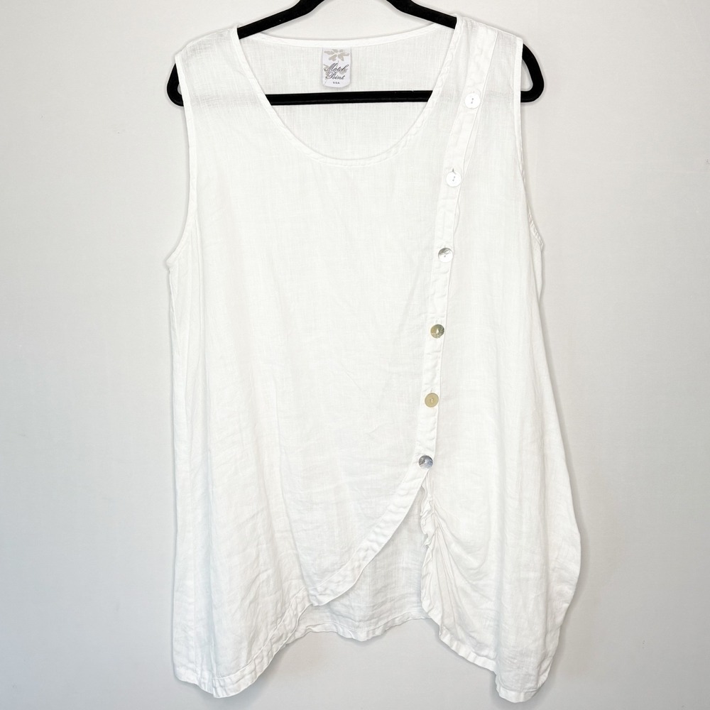 Match Point White Linen Asymmetrical Button Sleeveless Tunic Top Size XL
